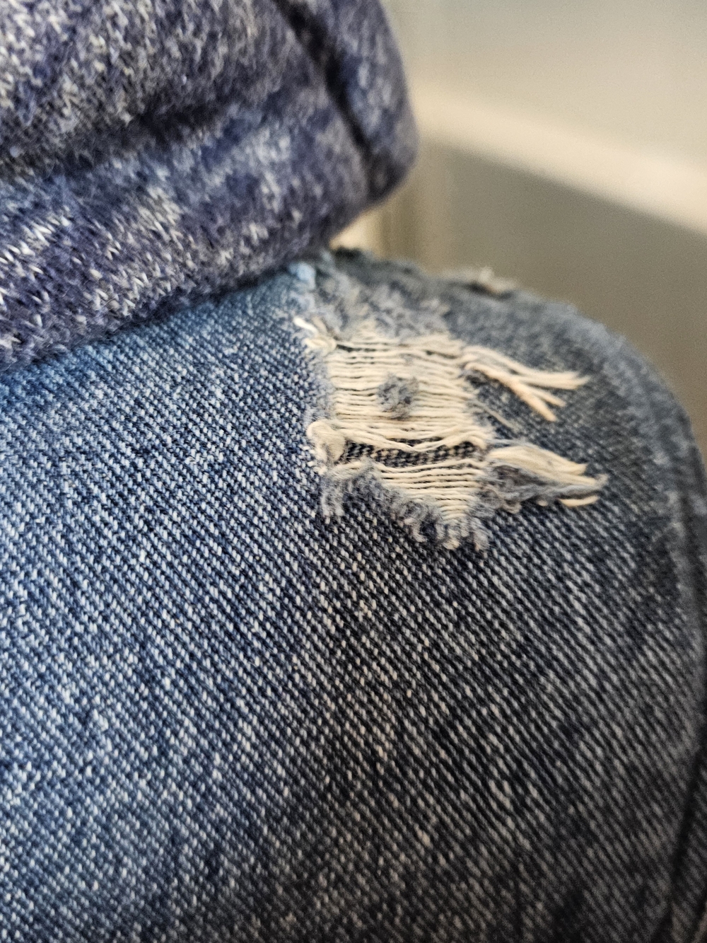Free People Denim Hooded Jacket with Knit Sleeves - Blue - Picture 5 of 8